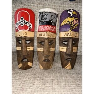 Lot Of 3 Handcarved Tiki African Wall Mask NFL NCAA Team Fan Vikings OSU Bama